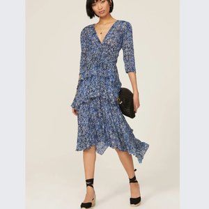 Maje Rufflani Abstract-print Ruffled Crepe Midi Dress Sz 38